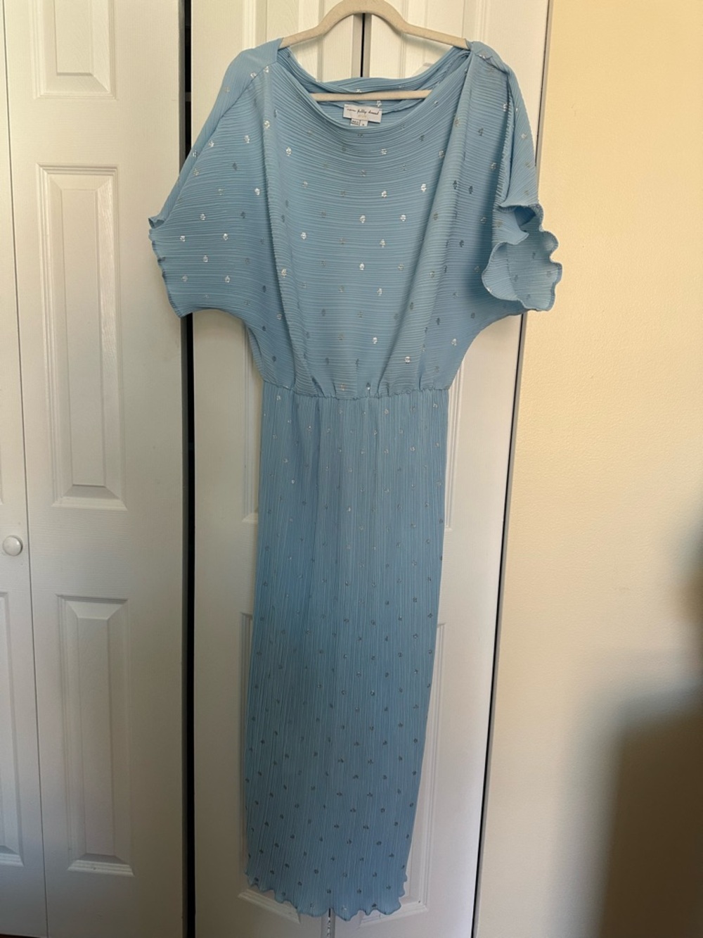 Never Fully Dressed Light Blue Midi Dress with Silver Dots